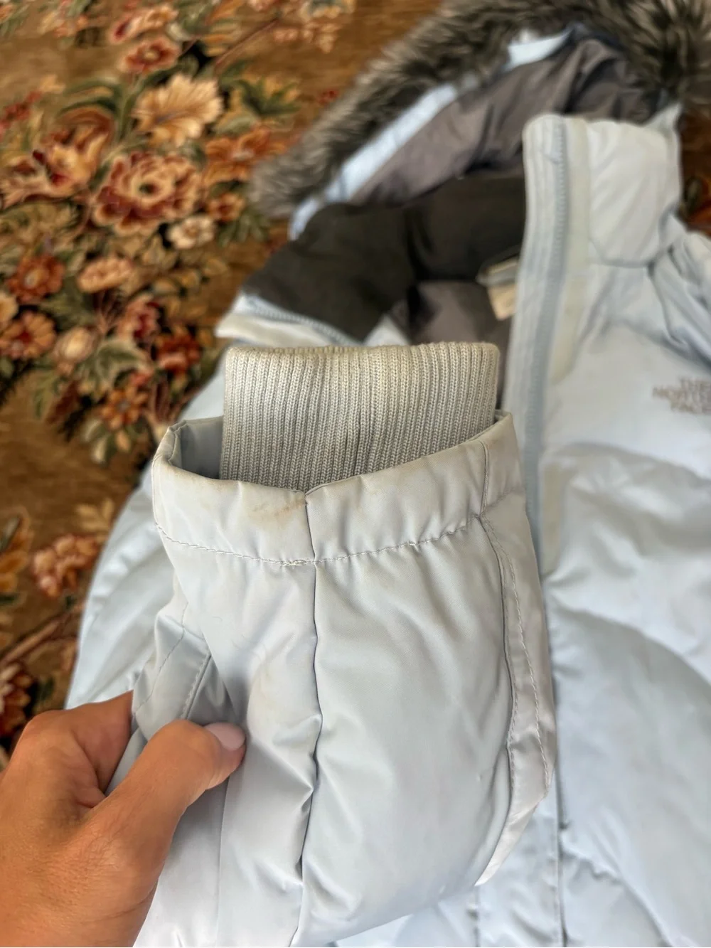 The North Face Pale Blue Down Puffer Jacket with Faux Fur Hood